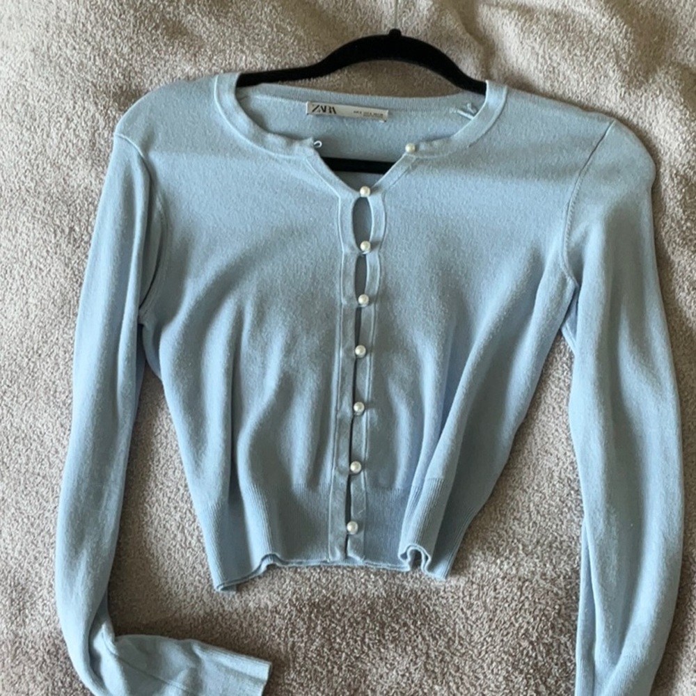 Zara Sky Blue Knit Cardigan with Pearl Accents